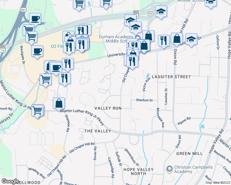 map of restaurants, bars, coffee shops, grocery stores, and more near 3306 Bonaparte Way in Durham