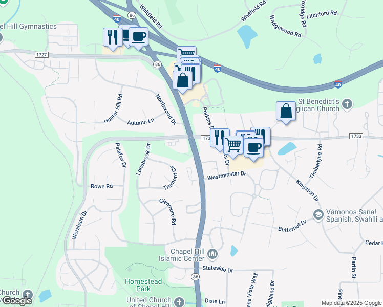 map of restaurants, bars, coffee shops, grocery stores, and more near 1751 Martin Luther King Junior Boulevard in Chapel Hill
