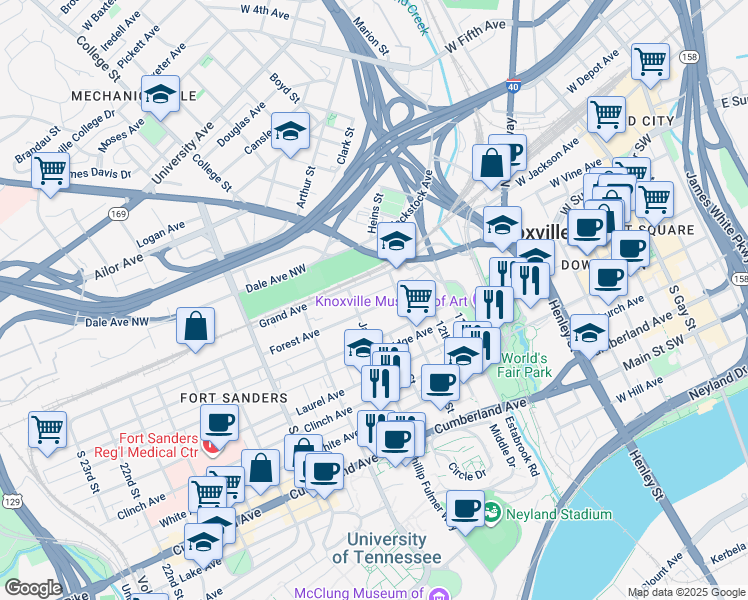 map of restaurants, bars, coffee shops, grocery stores, and more near 1316 Forest Avenue in Knoxville