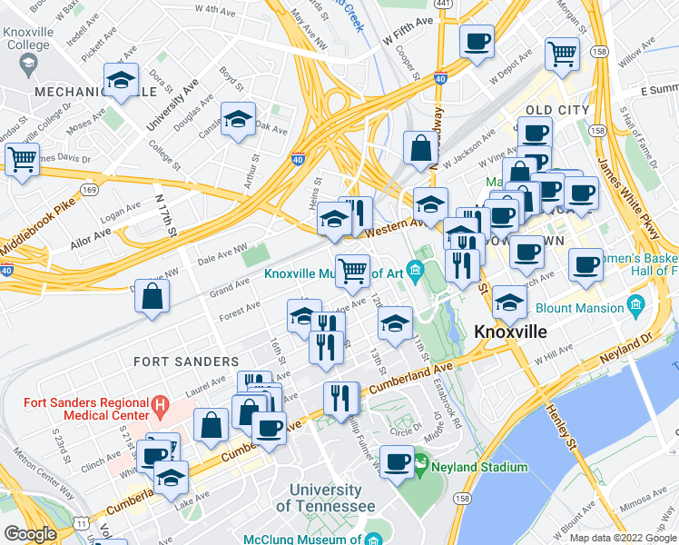 map of restaurants, bars, coffee shops, grocery stores, and more near 206 13th Street in Knoxville