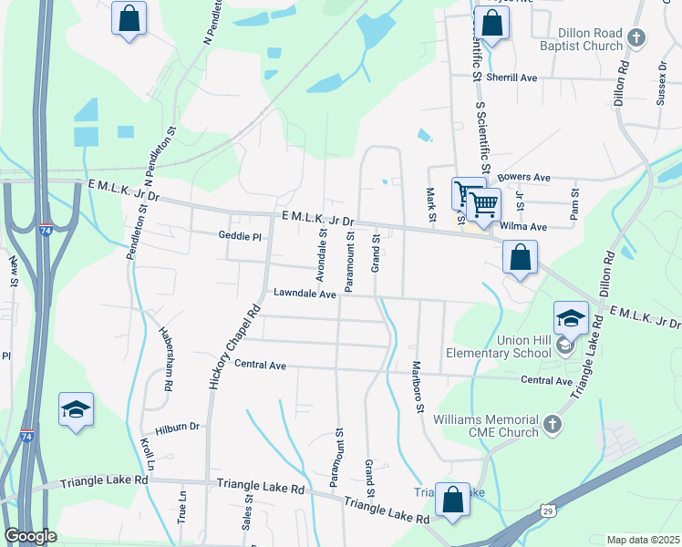 map of restaurants, bars, coffee shops, grocery stores, and more near 222 Paramount Street in High Point