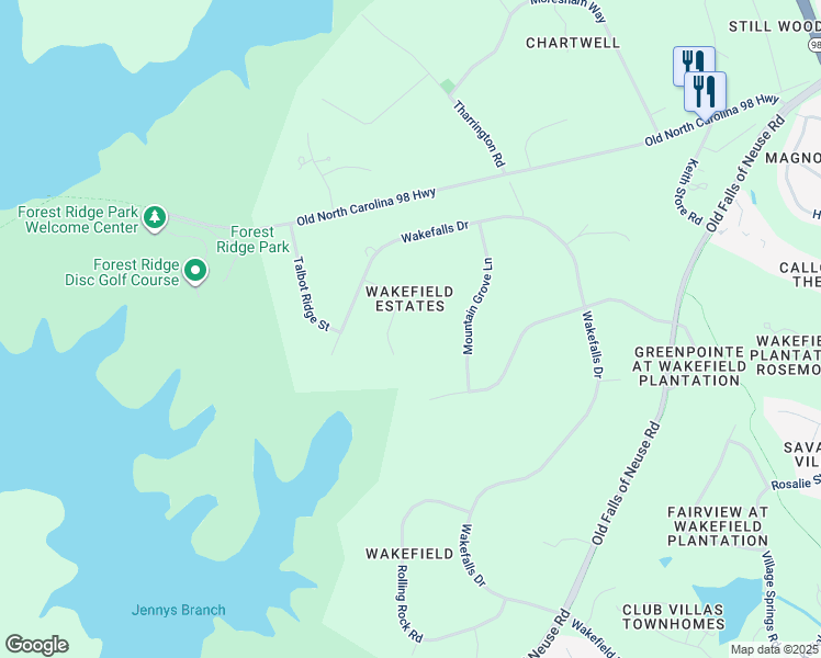 map of restaurants, bars, coffee shops, grocery stores, and more near 1809 Oatlands Court in Wake Forest