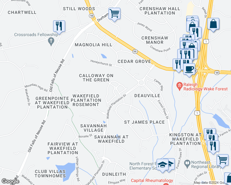 map of restaurants, bars, coffee shops, grocery stores, and more near 12224 Orchardgrass Lane in Raleigh