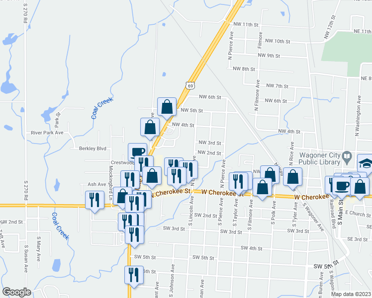 map of restaurants, bars, coffee shops, grocery stores, and more near 205 North Lincoln Avenue in Wagoner