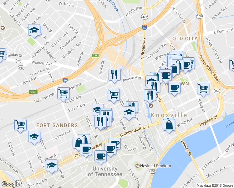 map of restaurants, bars, coffee shops, grocery stores, and more near 223 12th Street in Knoxville