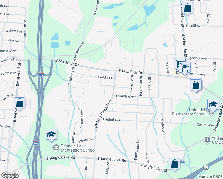 map of restaurants, bars, coffee shops, grocery stores, and more near 501 Pomeroy Place in High Point