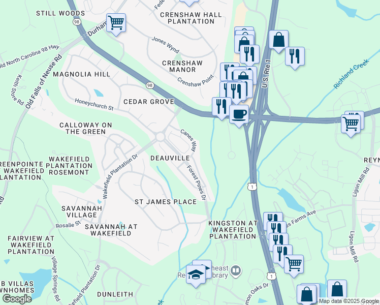 map of restaurants, bars, coffee shops, grocery stores, and more near 12221 Fox Valley Street in Raleigh