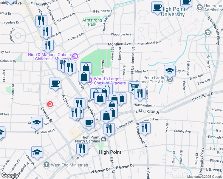 map of restaurants, bars, coffee shops, grocery stores, and more near 302 Steele Street in High Point
