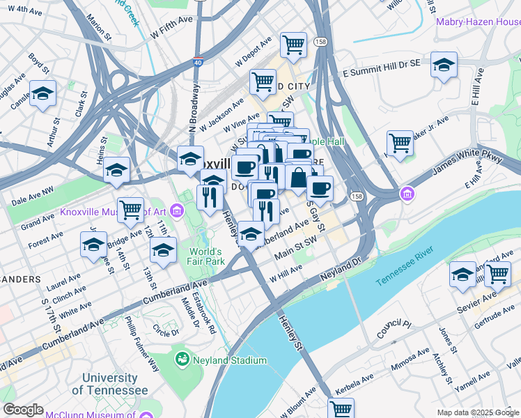 map of restaurants, bars, coffee shops, grocery stores, and more near 501 West Church Avenue in Knoxville