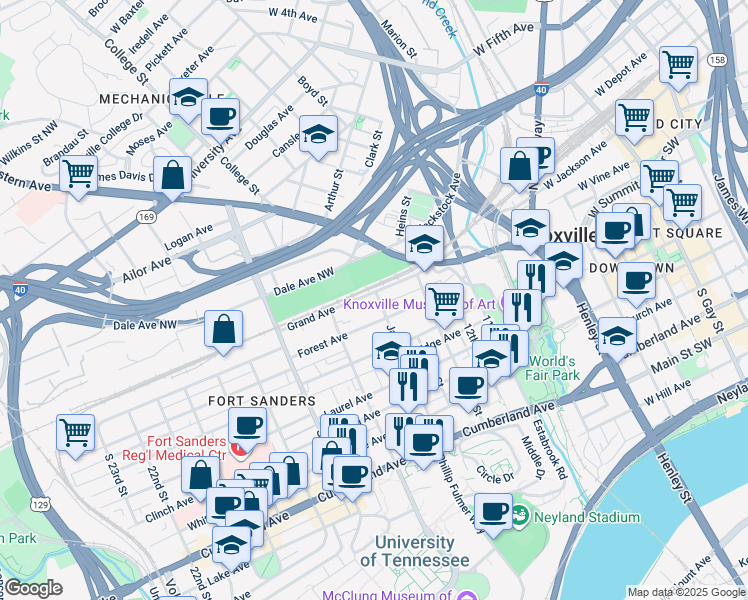map of restaurants, bars, coffee shops, grocery stores, and more near 1516 Forest Avenue in Knoxville