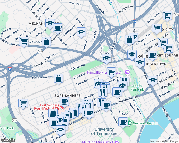 map of restaurants, bars, coffee shops, grocery stores, and more near 100 Grand Avenue in Knoxville
