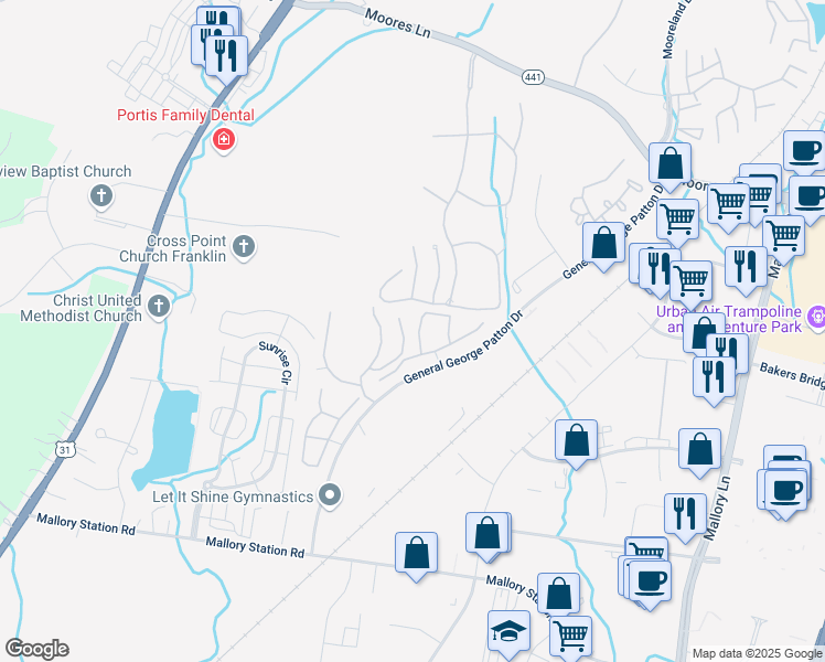 map of restaurants, bars, coffee shops, grocery stores, and more near 1640 Brentwood Pointe in Franklin