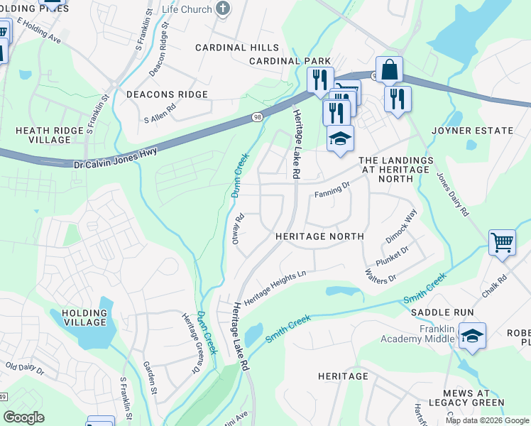 map of restaurants, bars, coffee shops, grocery stores, and more near 1017 Heritage Hills Way in Wake Forest