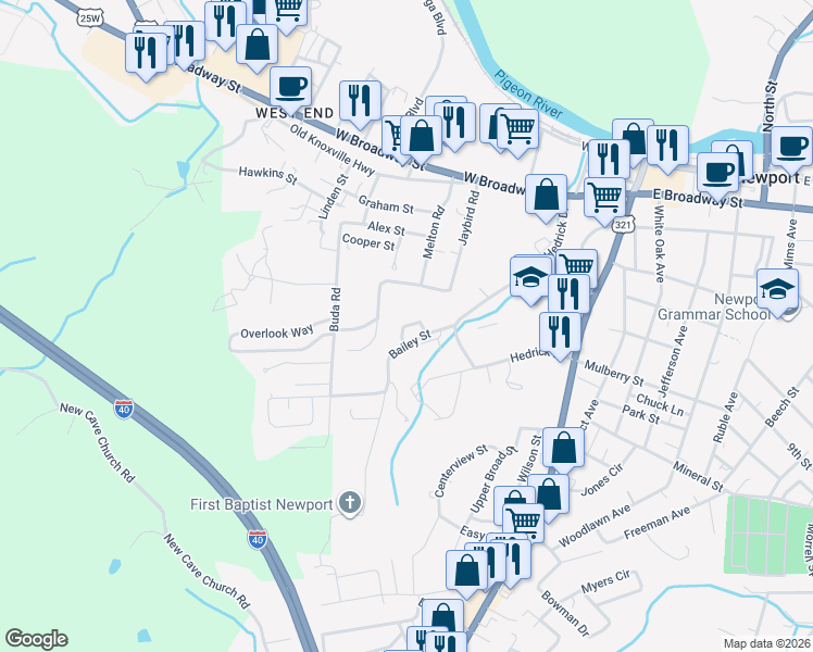map of restaurants, bars, coffee shops, grocery stores, and more near 270 Senior Way in Newport