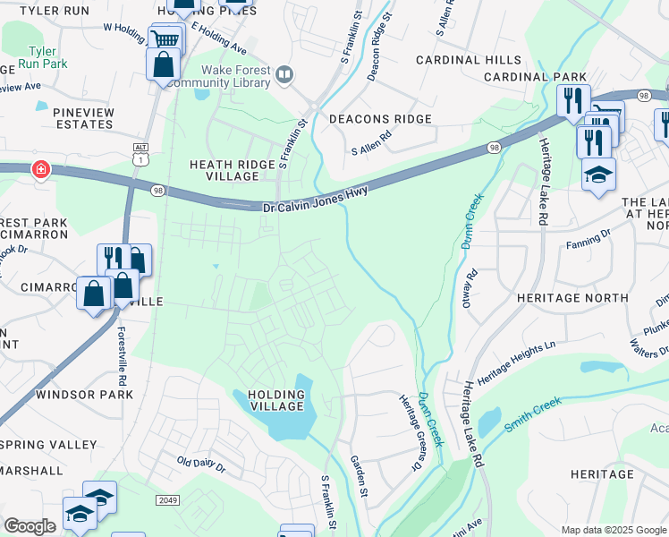 map of restaurants, bars, coffee shops, grocery stores, and more near 223 Friendship Chapel Road in Wake Forest