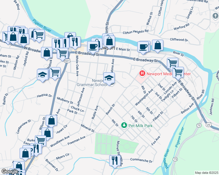 map of restaurants, bars, coffee shops, grocery stores, and more near 301 College Street in Newport