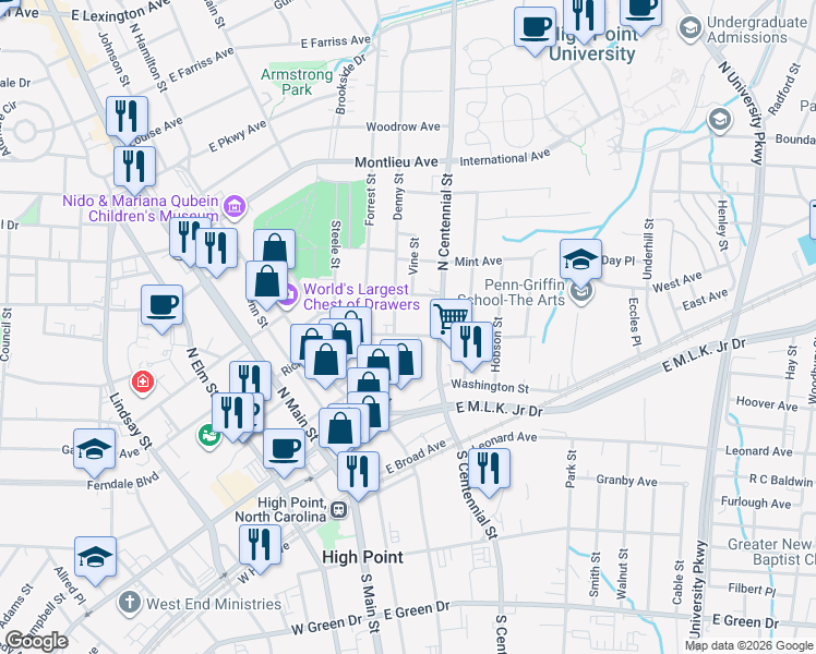 map of restaurants, bars, coffee shops, grocery stores, and more near 516 Richardson Avenue in High Point