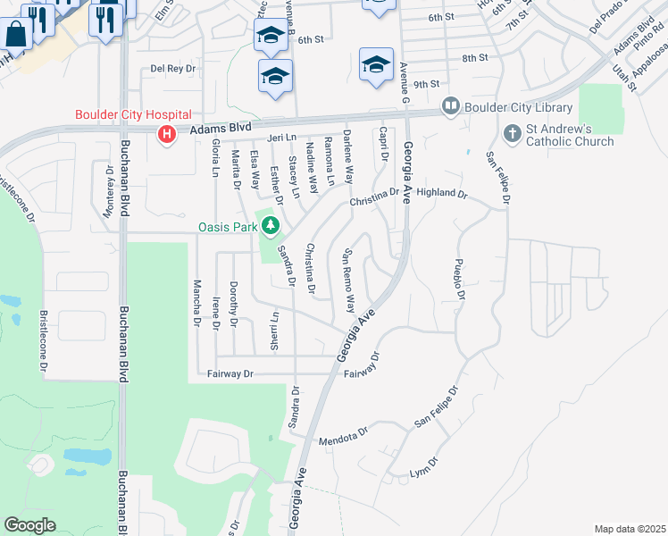 map of restaurants, bars, coffee shops, grocery stores, and more near 1505 Darlene Way in Boulder City