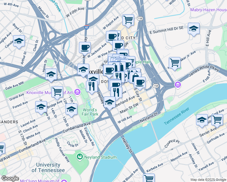 map of restaurants, bars, coffee shops, grocery stores, and more near 501 West Church Avenue in Knoxville