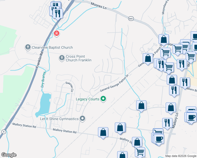 map of restaurants, bars, coffee shops, grocery stores, and more near 1640 Brentwood Pointe in Franklin