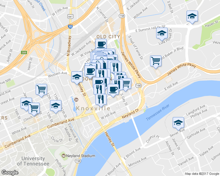 map of restaurants, bars, coffee shops, grocery stores, and more near W Church Ave in Knoxville