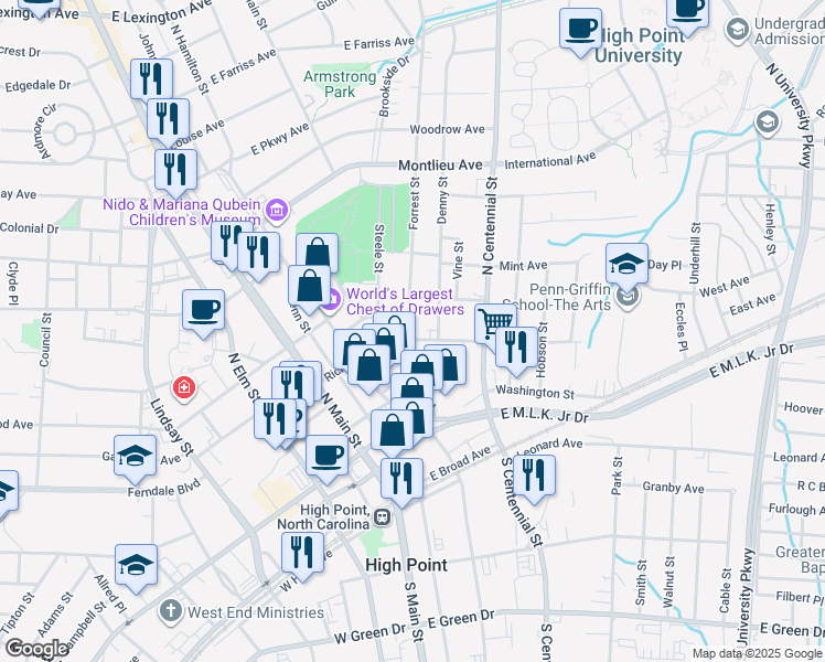 map of restaurants, bars, coffee shops, grocery stores, and more near 302 Steele Street in High Point