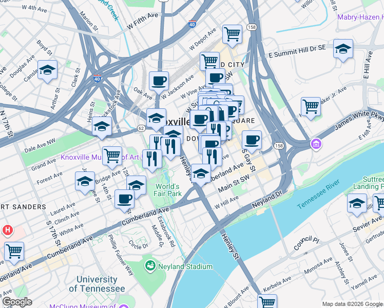 map of restaurants, bars, coffee shops, grocery stores, and more near 605 Clinch Avenue Southwest in Knoxville