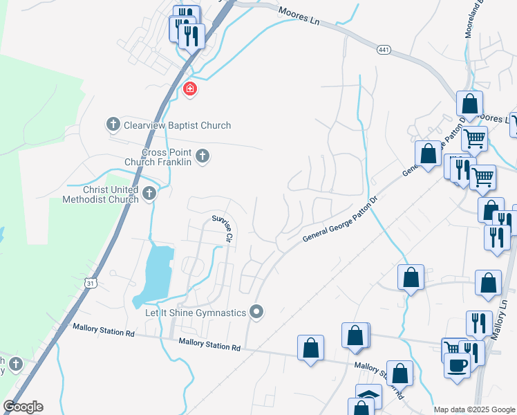 map of restaurants, bars, coffee shops, grocery stores, and more near 1849 Brentwood Point in Franklin