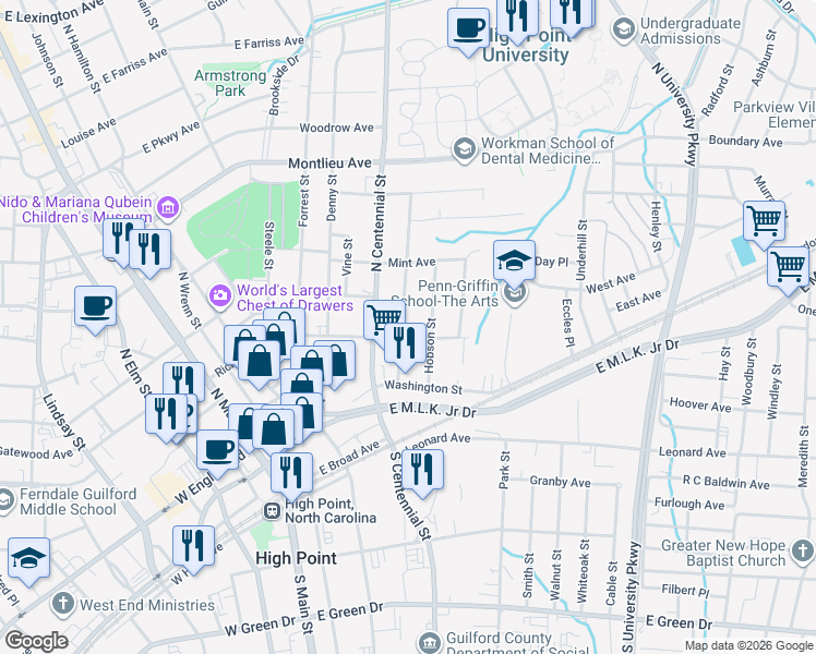 map of restaurants, bars, coffee shops, grocery stores, and more near 214 4th Street in High Point
