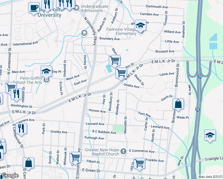 map of restaurants, bars, coffee shops, grocery stores, and more near East Kivett Drive & Woodbury Street in High Point
