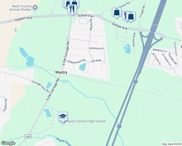 map of restaurants, bars, coffee shops, grocery stores, and more near 4567 Chippenham Road in Rocky Mount