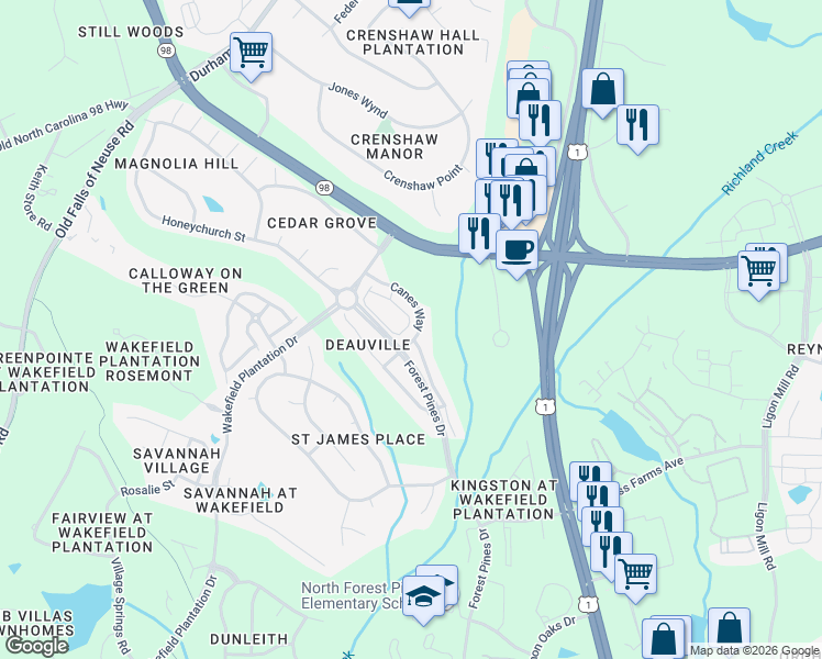map of restaurants, bars, coffee shops, grocery stores, and more near 12221 Fox Valley Street in Raleigh