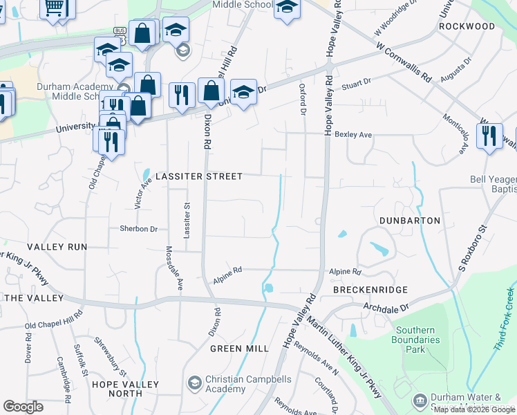 map of restaurants, bars, coffee shops, grocery stores, and more near 2702 Winton Road in Durham