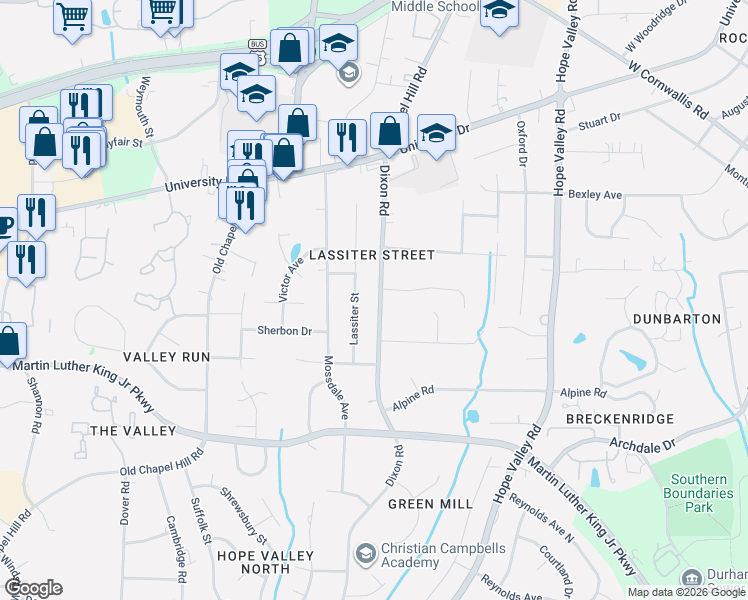 map of restaurants, bars, coffee shops, grocery stores, and more near 3134 Dixon Road in Durham