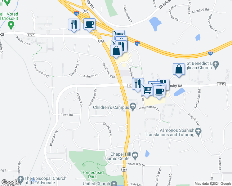 map of restaurants, bars, coffee shops, grocery stores, and more near 1751 Martin Luther King Junior Boulevard in Chapel Hill