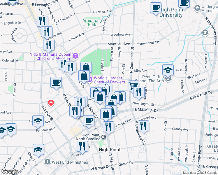 map of restaurants, bars, coffee shops, grocery stores, and more near 302 Steele Street in High Point