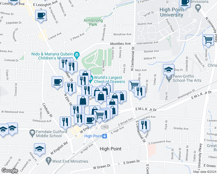 map of restaurants, bars, coffee shops, grocery stores, and more near 302 Steele Street in High Point