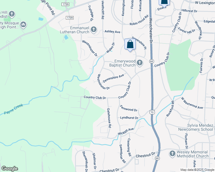 map of restaurants, bars, coffee shops, grocery stores, and more near 1233 Westminster Drive in High Point