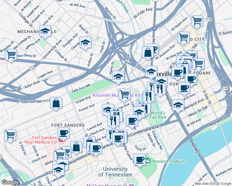 map of restaurants, bars, coffee shops, grocery stores, and more near 1316 Forest Avenue in Knoxville