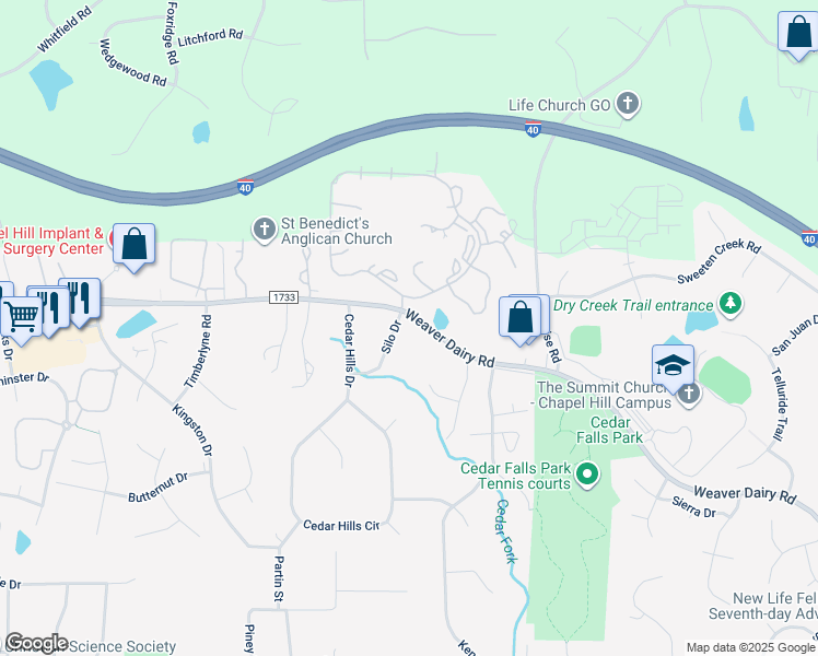 map of restaurants, bars, coffee shops, grocery stores, and more near 101 Silo Drive in Chapel Hill