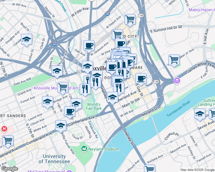 map of restaurants, bars, coffee shops, grocery stores, and more near 605 Clinch Avenue Southwest in Knoxville