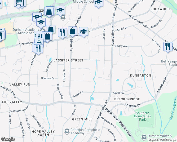 map of restaurants, bars, coffee shops, grocery stores, and more near 2702 Winton Road in Durham