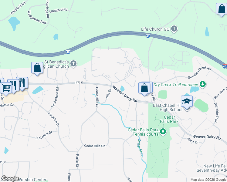map of restaurants, bars, coffee shops, grocery stores, and more near 101 Silo Drive in Chapel Hill