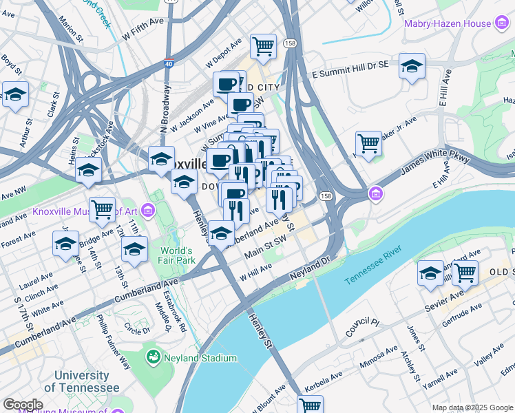 map of restaurants, bars, coffee shops, grocery stores, and more near 625 Market Street in Knoxville