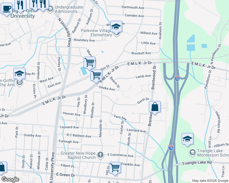 map of restaurants, bars, coffee shops, grocery stores, and more near 502 Kent Court in High Point