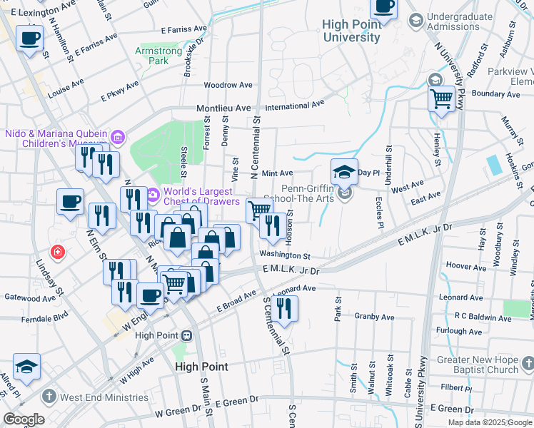 map of restaurants, bars, coffee shops, grocery stores, and more near 305 4th Street in High Point