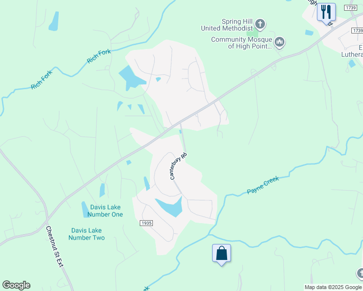 map of restaurants, bars, coffee shops, grocery stores, and more near 106 Canterbury Road in High Point