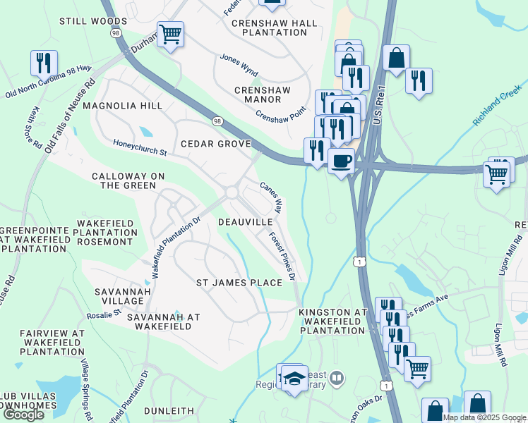 map of restaurants, bars, coffee shops, grocery stores, and more near 3339 Archdale Drive in Raleigh