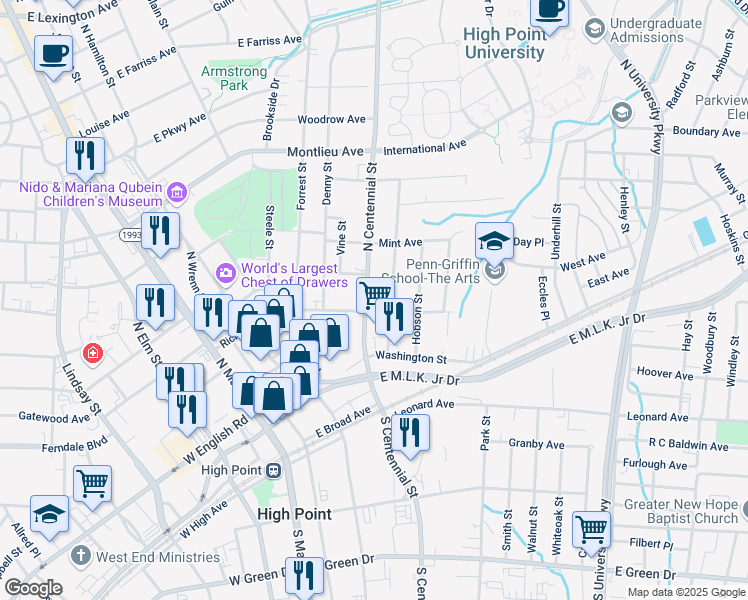 map of restaurants, bars, coffee shops, grocery stores, and more near 306 North Centennial Street in High Point