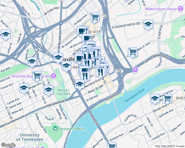 map of restaurants, bars, coffee shops, grocery stores, and more near 625 Market Street in Knoxville